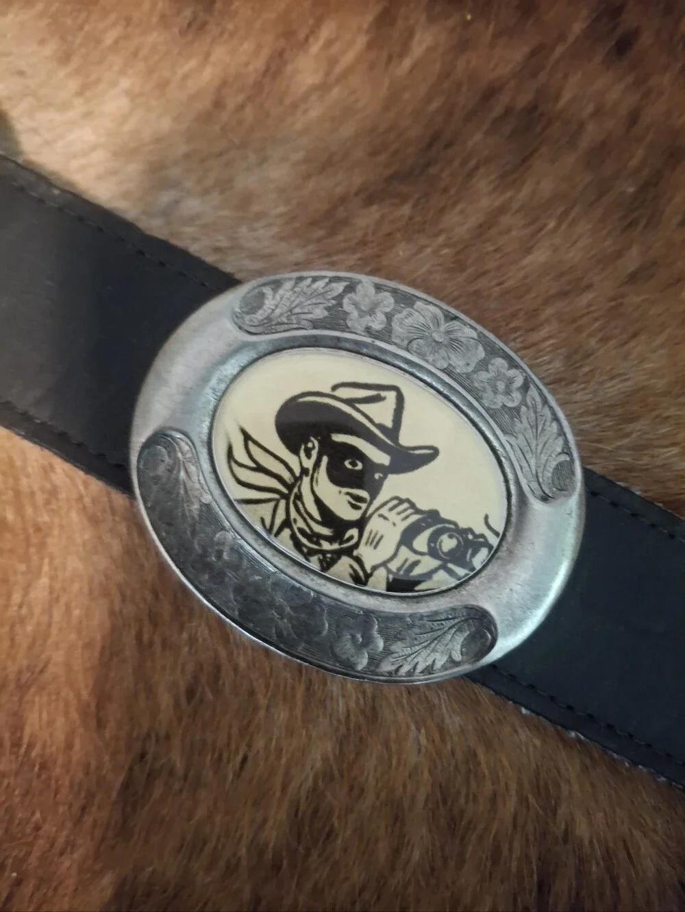 *RARE* Vintage Black Leather Belt with Western Actor Portrait Conchos